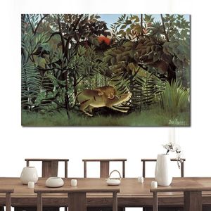 Pop Canvas Art Landscape Der hungrige Löwe wirft sich auf die Antilope Henri Rousseau, die handgefertigte moderne Wohnzimmerdekoration malt