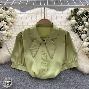 Blusas Femininas Fashion Studded Collar Lotus Sleeve Short Bubble Shirt For Women Summer Slim Color Solid Tops Blusa Mujer K600