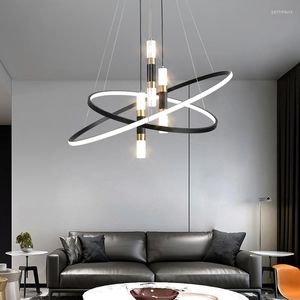 Chandeliers Modern Simple Black Round Ring LED Pendant Lamp For Living Room Bedroom Dining Kitchen Table Bar Ceiling Chandelier Light