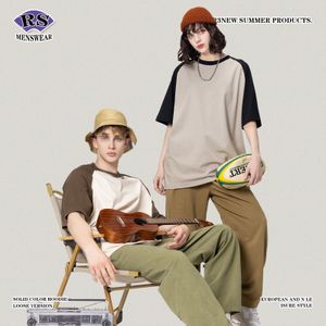 Men's T-Shirts 2023 Spring summer horn sleeve shoulder 270g color contrast short sleeve mountain style European and American fashion loose T-shirt man