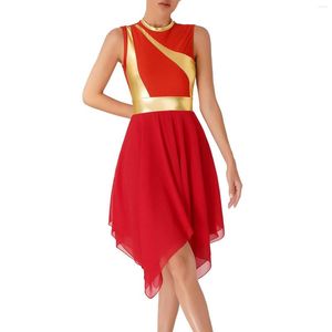 Stage Wear Womens Color Block Ballet Dress Dancewear Long Sleeve Modern Contemporary Irregular Lyrical Dance Dresses Performance Costume