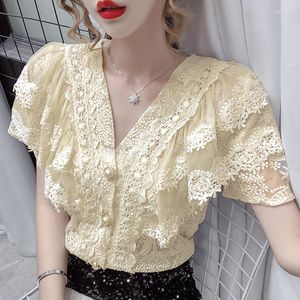 Damenblusen 2023 Sommeroberteile Rüschen Spitzenhemd Frauen Kurzarm V-Ausschnitt Elegante Bluse Frau Mode Vintage Häkelblusas 14175