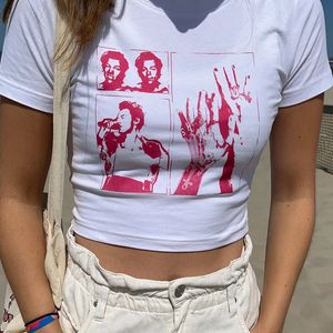 女性のTシャツY2Kファッションスターボーカルコンサート夏のe-ガールホワイトクロップトップスリム2000年代ストリートウェアハラジュクゴス半袖エモTシャツ230612