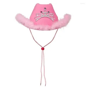 Cappello da cowboy in stile berretto Cappellino da festa di compleanno per ragazze da donna rosa con decorazioni in paillettes di piume Corona Tiara Night Club Cappelli da cowgirl