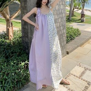 Casual Dresses Floral Patchwork Contrast Print Lace-Up Spaghetti Strap Bow Loose Maxi Dress Summer Holiday Beach Sleeveless Women's Wear