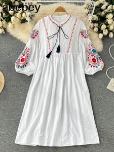 Casual Dresses Summer White Boho Vintage Style Hand Embroidered Tunic Mexican Dress Hippie Puebla Retro Loose Vestidos