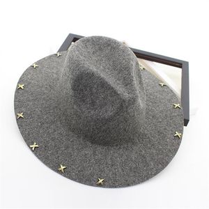 Wide Brim Wool Felt Fedora Jazz Hats Rivets Decor Women Men Panama Style Trilby Party Cowboy Cap Unisex Fashion Gambler Hat2387