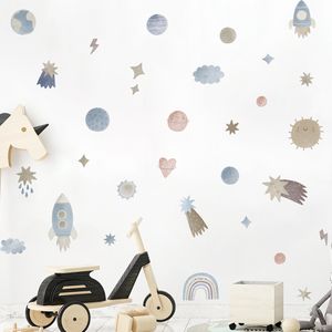 Boho Cartoon Space Adventure Stars Acquerello Adesivo da parete per bambini Vinyl Nursery Art Decalcomanie per Babys Boys Room Sala giochi Home Decor