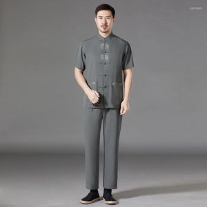 Traje étnico Tang Suit Masculino Tradicional Chinês Cor Sólida Traje Manga Curta Estilo China Retro Business Gentleman 2023