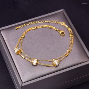 Cavigliere in acciaio inossidabile 316L Fashion Fine Jewelry Cilindro a 2 strati che borda la catena di fascino a forma di pneumatico in zircone di cristallo per le donne