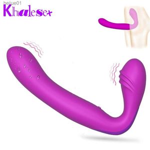 Khalesex Strapless Strapon Dildo Vibrador para Mulheres 30 Velocidades Silicone Ponto G Clitóris Vibração Dupla Brinquedos Sexuais Adultos para Mulheres L230518