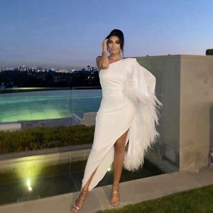 Urban Sexy Dresses One Shoulder White Satin Feather Evening Trendy High Low AnkleLendenlength Prom Party Dress Custom Made Gowns 230612