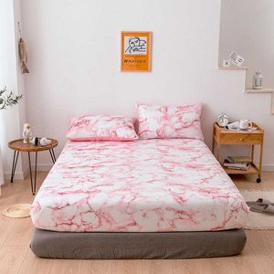 Bedding sets Sanding Fabric Marble Pattern Pink Fitted Sheet King Size Home Elastic Band Double Bed Sheet Queen Ropa Parra Cama No case Z0612