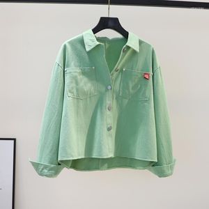 Женские блузки моды дизайн блузки женщины 98% хлопковые матовые рубашки светло -зеленые свободные рубашки с длинным рукавом весна лето