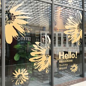 Large Sunflowers Hello Sunshine Glass Door Wall Decal Business Shop Store Romantic Floral Elegant Wall Sticker Vinyl Decor