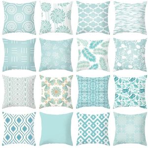 Pillow Home Decorative Polyester Cover Mint Green Geometric Leaf Prints Pillowcase For Sofa Living Room Decor 40/45/50/60cm