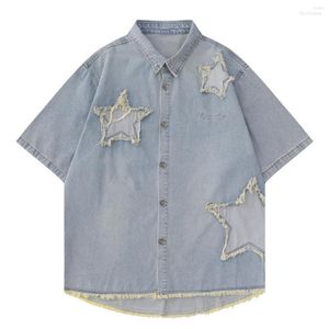 Camisetas Masculinas LACIBLE Fringe Star Patch Manga Curta 2023 Fashion Denim T-shirt Summer Harajuku Tops Tees Streetwear Masculino Feminino