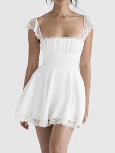 Sukienki swobodne Kobiety kwadratowy szyja krótki puchanie rękawa wysoka talia swobodnie smakowane płynne mini -sukienka Summer Boho ALINE sukienka Z0612