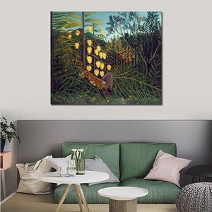 Animal Landscape Canvas Art Tropical Forest Battling Tiger and Buffalo Henri Rousseau Painting Post-impressionist Handmade