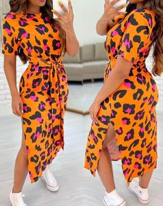 Basic Casual Dresse's Dresses 2023 Summer Fashion Pink Leopard Print Tied Detail Slit Round Neck Short Sleeve Daily Dress Y2K Clothes 230612