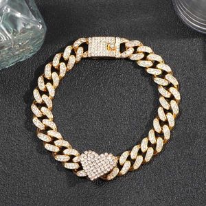 Anklets Hiphop Crystal Heart Shaped Chunky Cuban Link Anklet Iced Out Miami Metal Chain Anklets Armband For Women Men New Jewelry 230608