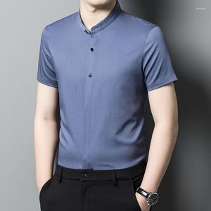 Men's Casual Shirts Grey Elegant Mandarin Collar For Mens Chinese Style Top Regular Fit Gentleman Business Work Blouse Office Wear