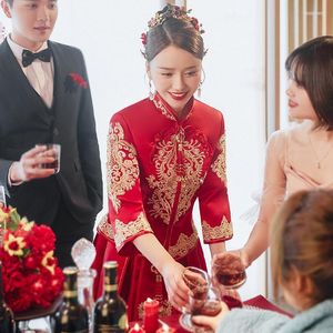 Ethnische Kleidung Hohe Qualität Frauen Rot Satin Perlen Stickerei Qipao Antike Kostüm Chinesischen Stil Hochzeit Verheiratet Kleid