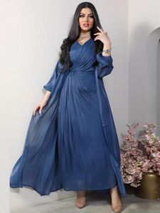 Ethnic Clothing Siskakia Fashion Muslim Two Pieces Abaya Dress Set Chic Bright Silk Soft Satin Dubai Turkey Arab Wrap Robe Corban Eid Al