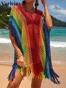 Roupa de banho feminina com decote em v emenda franja borla crochê malha túnica praia cobrir-ups vestido wear beachwear feminino v4527