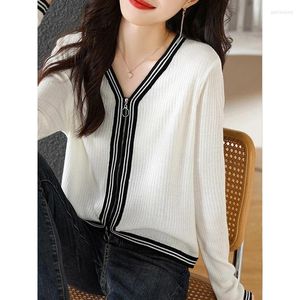 Women's Knits Korean Double Zipper V-neck Sweater Cardigans Women Striped Knitted Chic Knitwear Long Sleeve Top Jumpers Cropped Cardigan