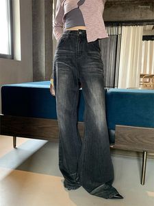 Kvinnors jeans retro tvättar svart färg gradient kvinnor klassisk klocka botten hög midja lösa breda ben kvinnliga flare byxor harajuku streetwear