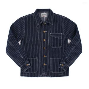 Herrjackor 2023 Vintage randig denimjacka män våren höst franska arbetskläder overalls lapel verktyget casure cardigan coat