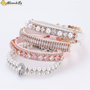 Dog Cat Pearl Collars with Crystal Rhinestone Pearl Cat Necklace Adjustable PU Leather Neck Strap for Small Dogs Cat Supplies