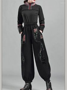 女子ジーンズ2023春秋の女性の中国の民族スタイル刺繍ブルマールーズフィットビンテージ女性デニムワイドレッグズボン