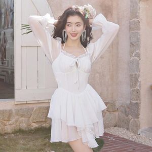 Women's Swimwear Women's One-piece Skirt Type Slim Thin Small Chest Gathered White Fairy Model Fashion Sexy