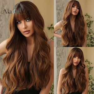 Lace Wigs ALAN EATON Long Ombre Brown Wavy Wigs for Women Synthetic Curly Wig with Bangs Heat Resistant Cosplay Wig Natural Looking Hair Z0613
