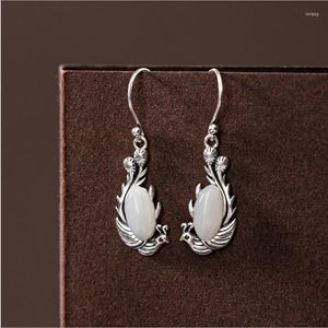 Dangle Earrings Original Natural Hetian Jade Phoenix Chinese Retro Fine Carving Designer Craftsmanship Charm Women's Silver Jewelry