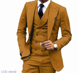 Ternos masculinos Blazers Slim Fit Marrom Amarelo Smoking Noivo Peak Lapel Padrinhos Homens Vestido de Noiva Popular Homem Jaqueta Blazer 3 peças Terno (jaqueta+calça+colete+gravata)1047