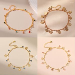 Anklets MKOPSZ Gold Color Metal Small Disc Pendant For Women Fashion Zircon Anklet Jewelry Beach Party Accessories