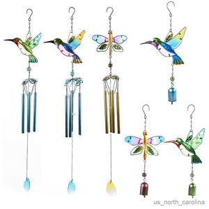 Garden Decorations Wind Chime Hummingbirds Dragonflies Glass Painted Crafts Hanging Pendants Bell Aluminum Pipe Home Courtyard Hanging Decors R230613