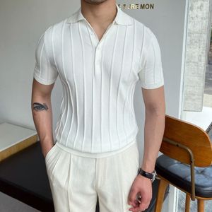 Men's Polos Spring Summer Knit Polo Shirt Men Casual Turn-down Collar Button Fashion Striped Solid Slim Tops est Ice Silk Cotton Knitwear 230612