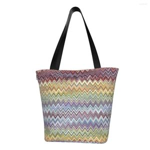Alışveriş çantaları boho şık modern zikzak yiyecek tote çanta kadın geometrik çok renkli tuval omuz alışveriş büyük kapasite el çantası
