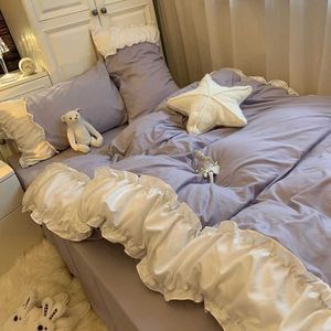寝具セット韓国プリンセス風の紫色の寮の寝具セットカワイイベッドシート布団カバー34ピースホームデコレーションウォッシュコットン5色Z0612