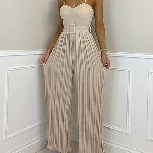 Women's Jumpsuits Rompers Summer Casual Suspenders Long Jumpsuit Women Sexy Fashion Solid Sleeveless Sashes Pleated Wide Leg Jumpsuit Orange Female 230613