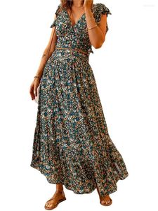 Dwuczęściowa sukienka MyBfyab 2 stroje spódnicy dla kobiet Y2K Ruffle Sleeve V Neck Crop Top Boho Floral Long Sets