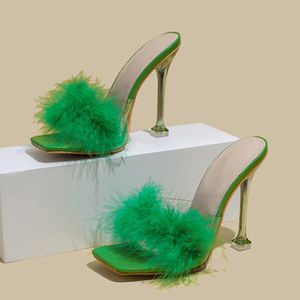 Liyke Fashion Fur Feather Women Transparent Heels Mules Slippers Summer Square Toe Shallow Clear Sandals Party Stripper Shoes