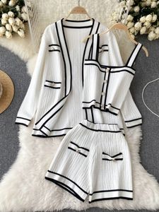 Women's Two Piece Pants Casual Long Sleeve V Neck Cardigan Jacket Sling Vest High Waist Shorts High Quality Chic Button Knitted Vintage 3 Piece Sets 230612