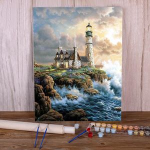 Number Landscape Lighthouse Painting By Numbers Kit Acrylic Paints 50*70 Oil Painting Home Decor For Wholesale