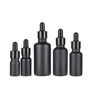 Garrafas de óleo essencial de vidro preto fosco Frasco conta-gotas com tampa de alumínio anodizado brilhante 5ml 10ml 15ml 30ml 50ml 100ml Igili