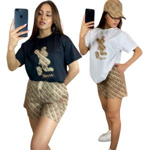 J2859 Fashion Designer Women's Summer Women's Fashion Designer Brand Embroidery+Printed Short Sleeve Shorts Set